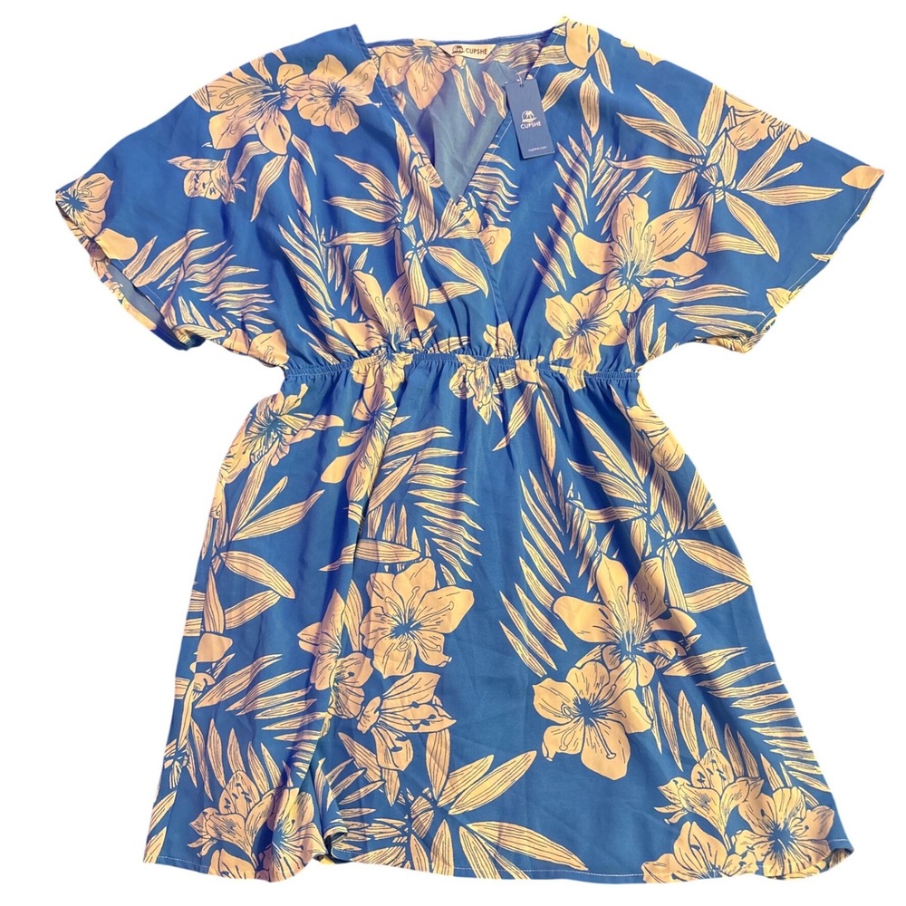 NEW Cupshe‎ Women's Blue White Tropical Floral Swim Cover Up Dress Size L